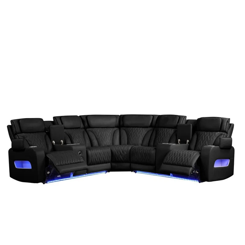 117" Black Leather Reclining Sectional Sofa with Power Headrest