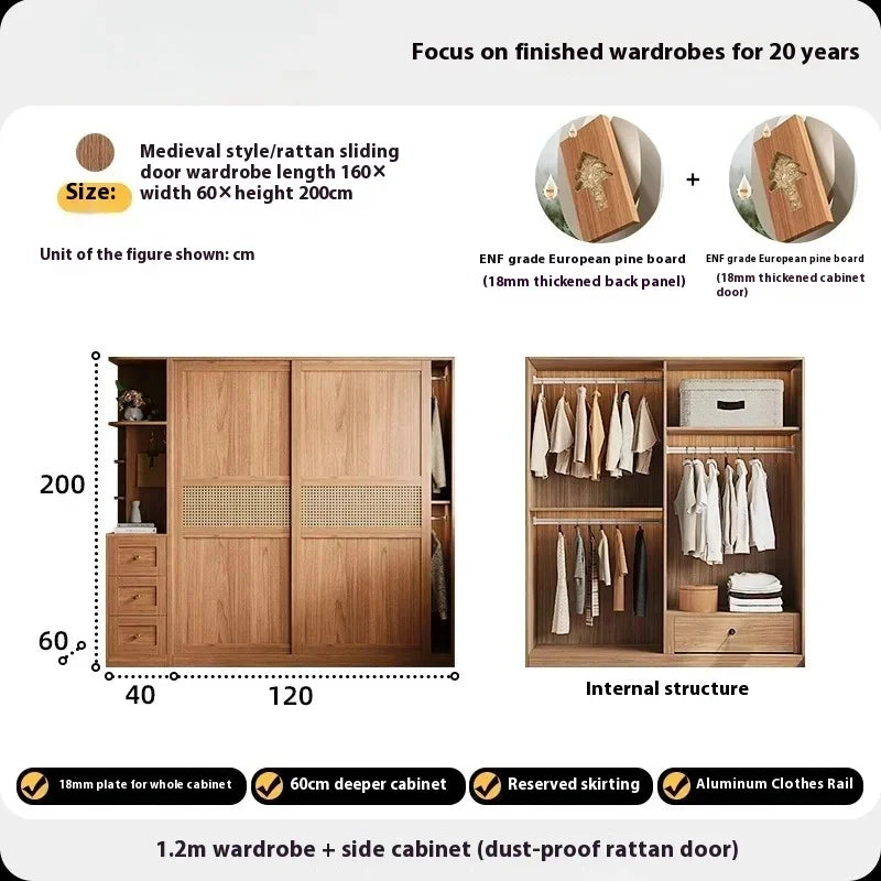 Rattan Armoire Nordic Sliding Door Large Drawers Storage Closet
