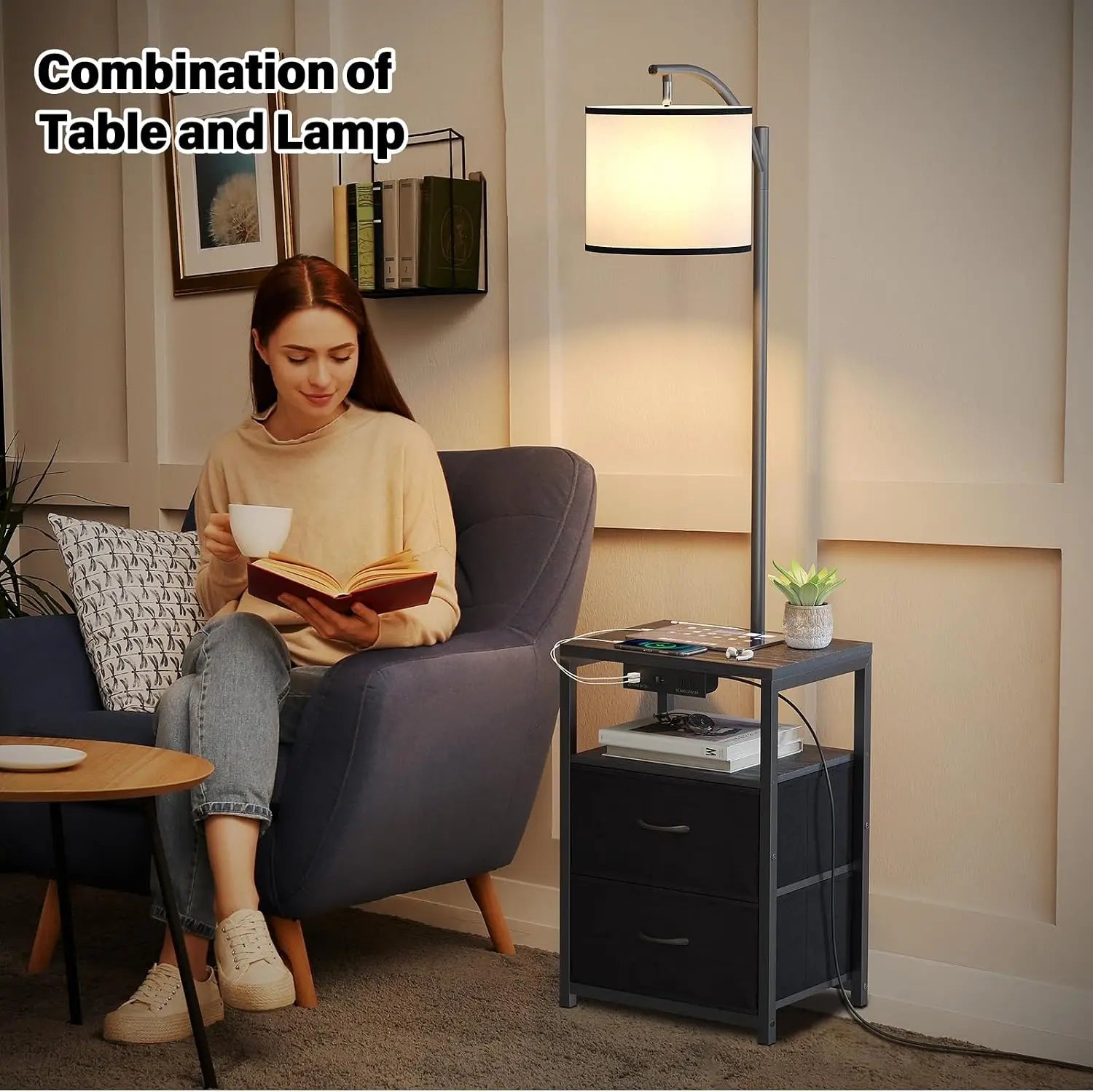 Floor Lamp with Table & 2 Drawers,