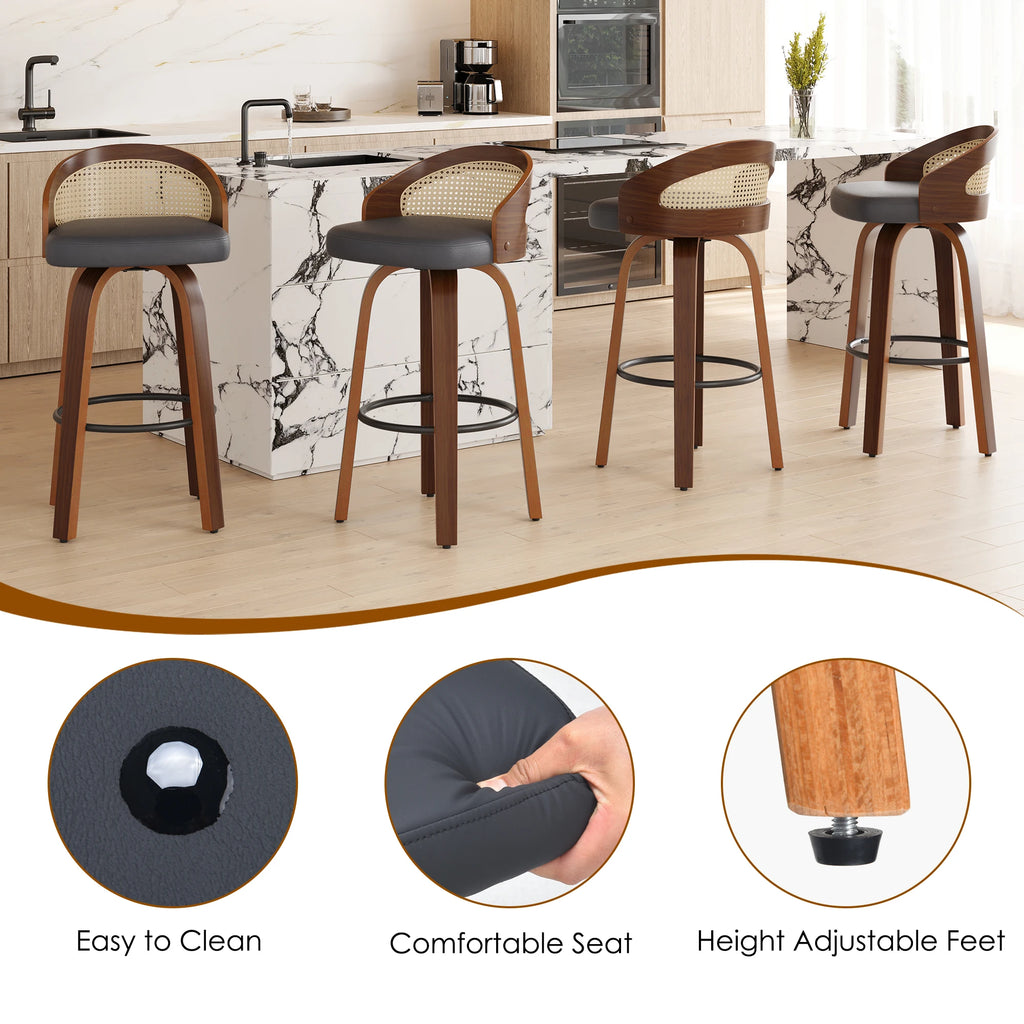 Set of 2 Swivel Bar Kitchen Stools, Modern Wood Frame with Rattan Back,