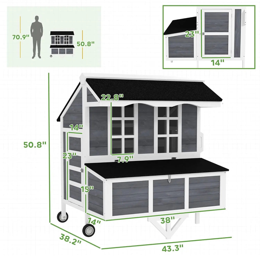 Mobile Chicken Coop with Wheels Nesting Box Pull-Out Tray