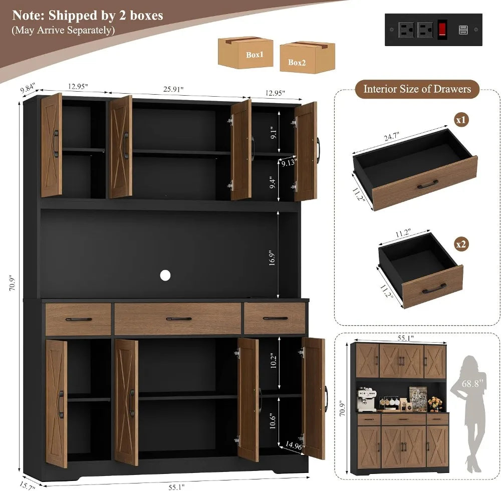 71" Tall Pantry Cabinet with Charging Station, 55" Wide Kitchen Storage, Hutch with Drawers, Brown/Black