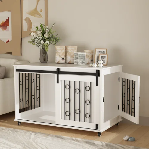39.37'' White Indoor Dog Crate End Table - Wooden Kennel with Sliding Barn Door, Side Door & Lockable Wheels for Small/Medium Do