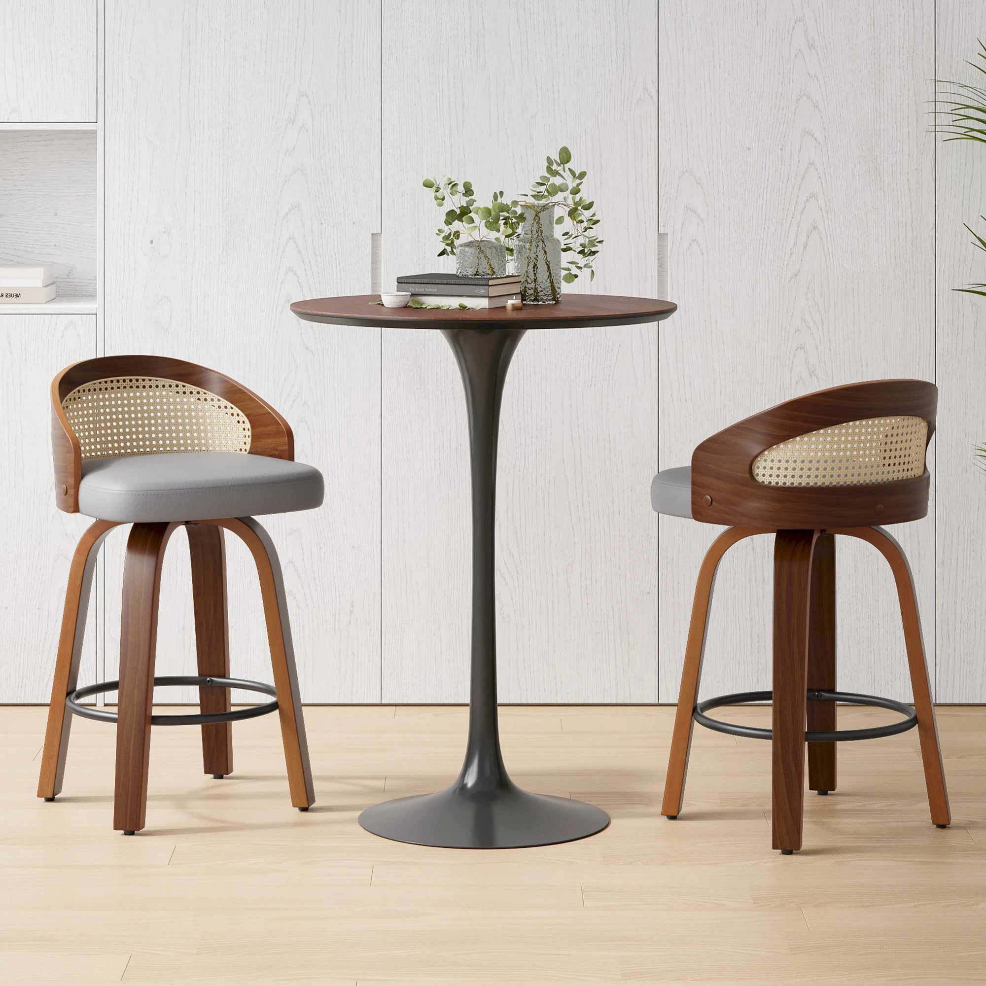 Set of 2 Swivel Bar Kitchen Stools, Modern Wood Frame with Rattan Back,