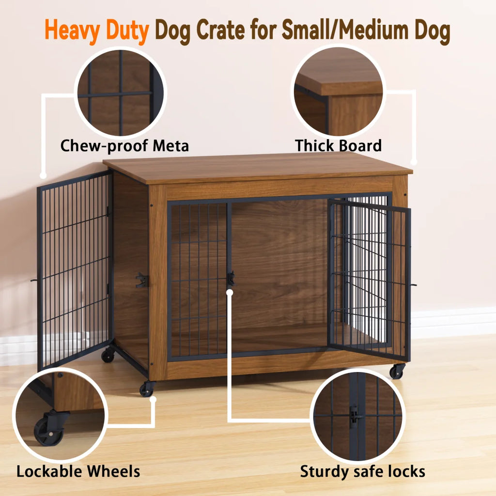 38.6" Dog Crate Furniture with Wheels for Small Dogs