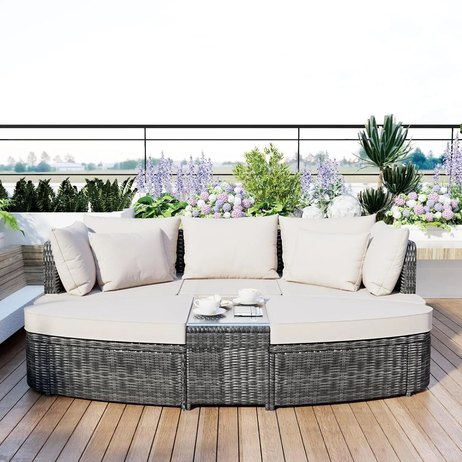 Acacia Wood Half-Moon Outdoor Sofa Set