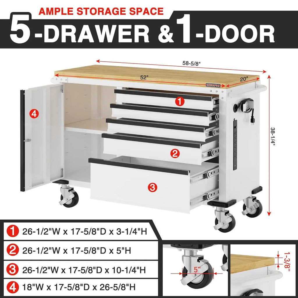 5-Drawer & 1-Door Rolling Tool Chest, Power Strip, Locking System