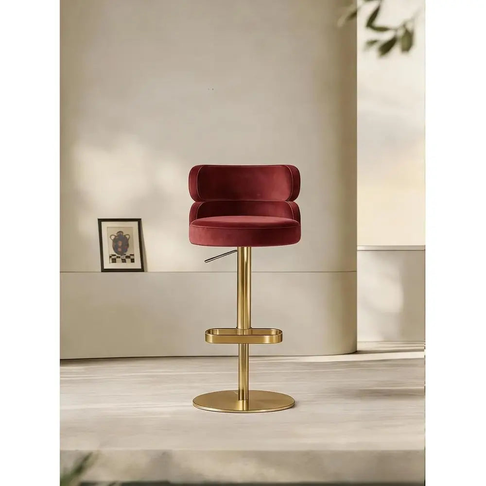 Adjustable Velvet Bar Stool with Gold Base, Red (1 Piece)