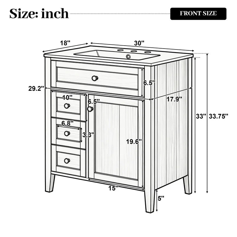 30" Natural Wood Grain Bathroom Vanity with Ceramic Sink