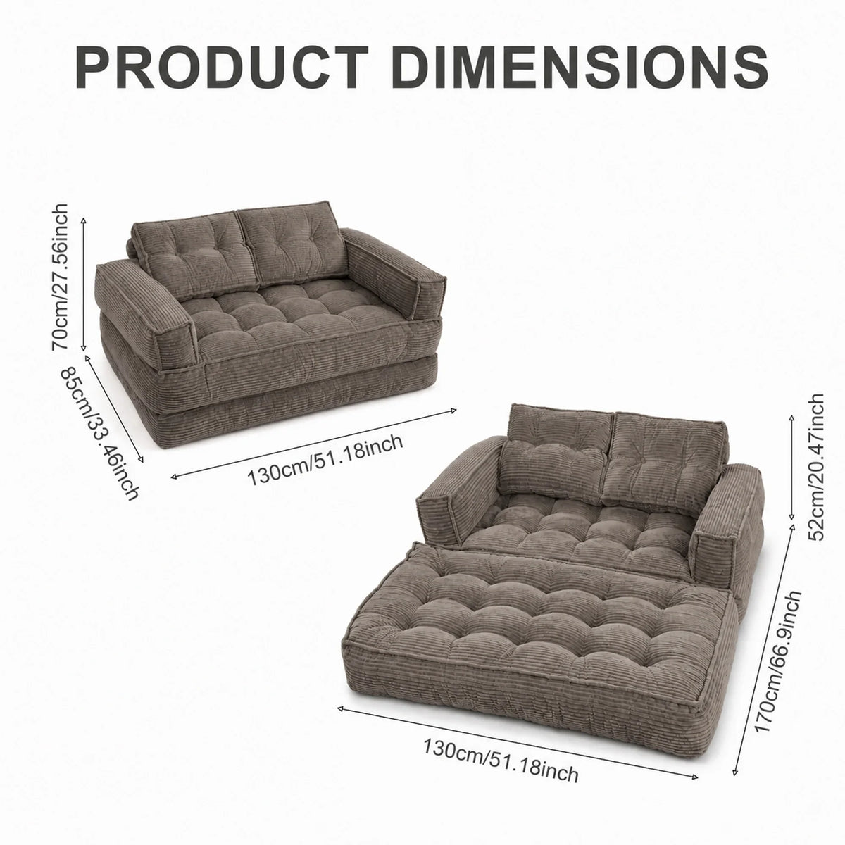 51" 2-Seater Modular Corduroy Sofa with Chaise