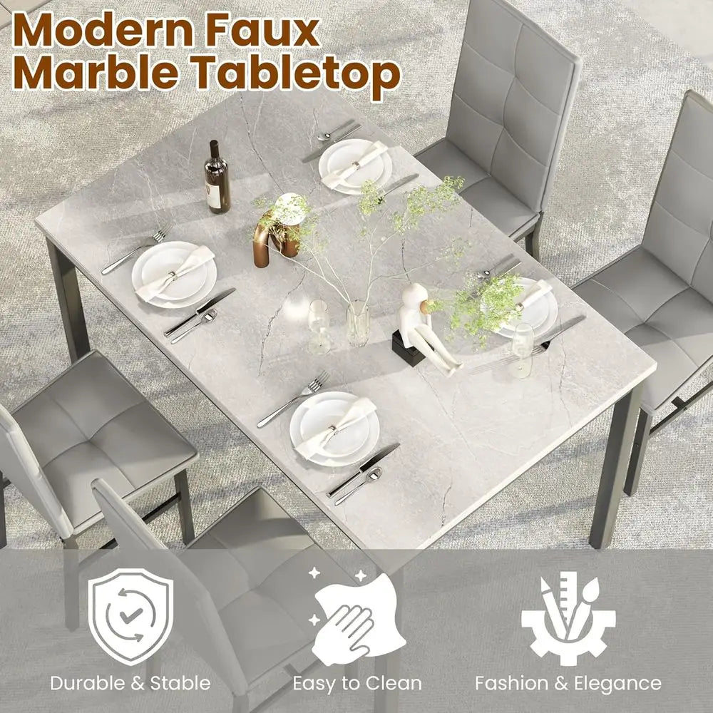 4-Person Marble Kitchen Table with 4 PU Leather Chairs,