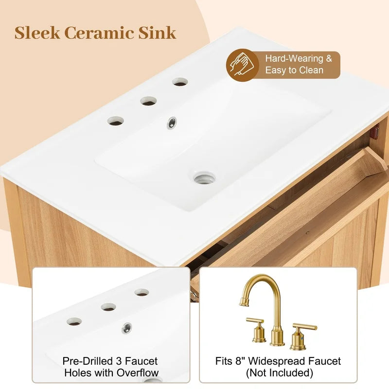 30" Natural Wood Grain Bathroom Vanity with Ceramic Sink