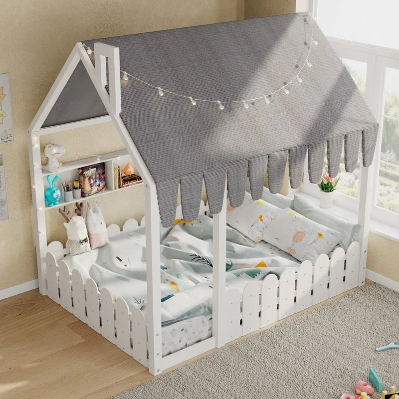 White Full Size Montessori Floor Bed with Fence