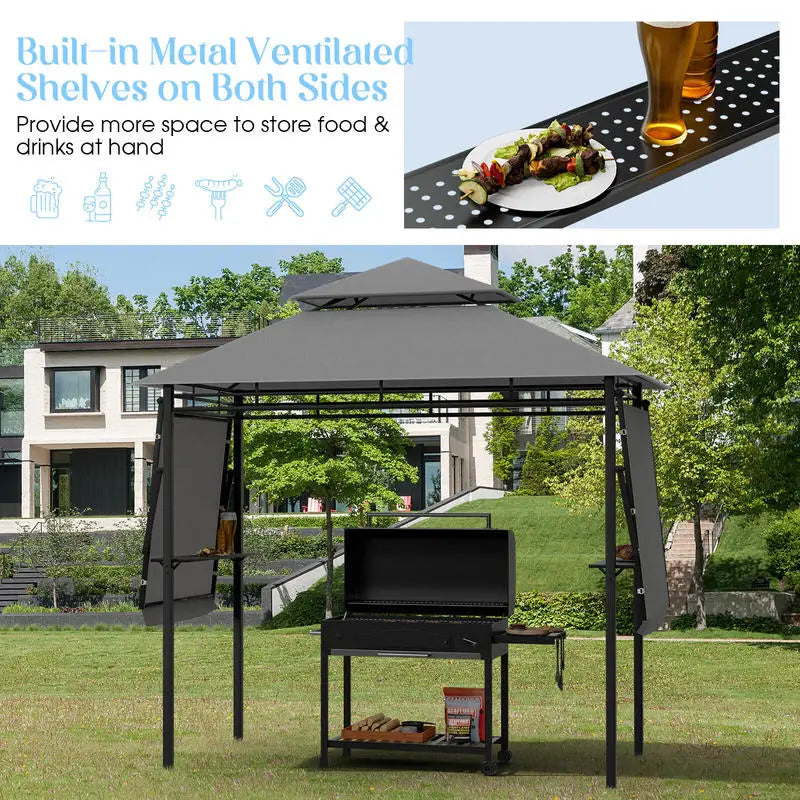 Patio BBQ Grill Gazebo Canopy with Dual Side Awnings-Gray