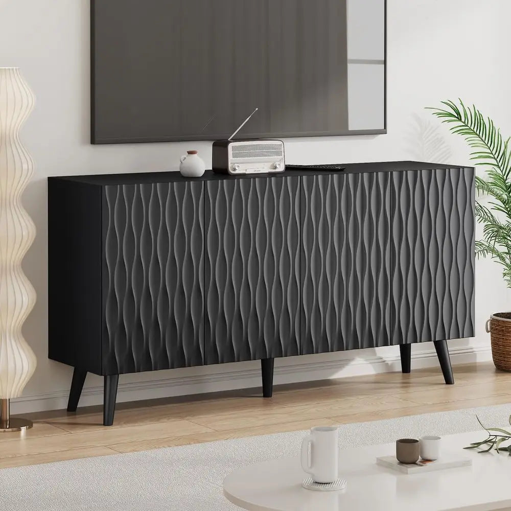 Black Wave Fluted 4-Door Sideboard Buffet