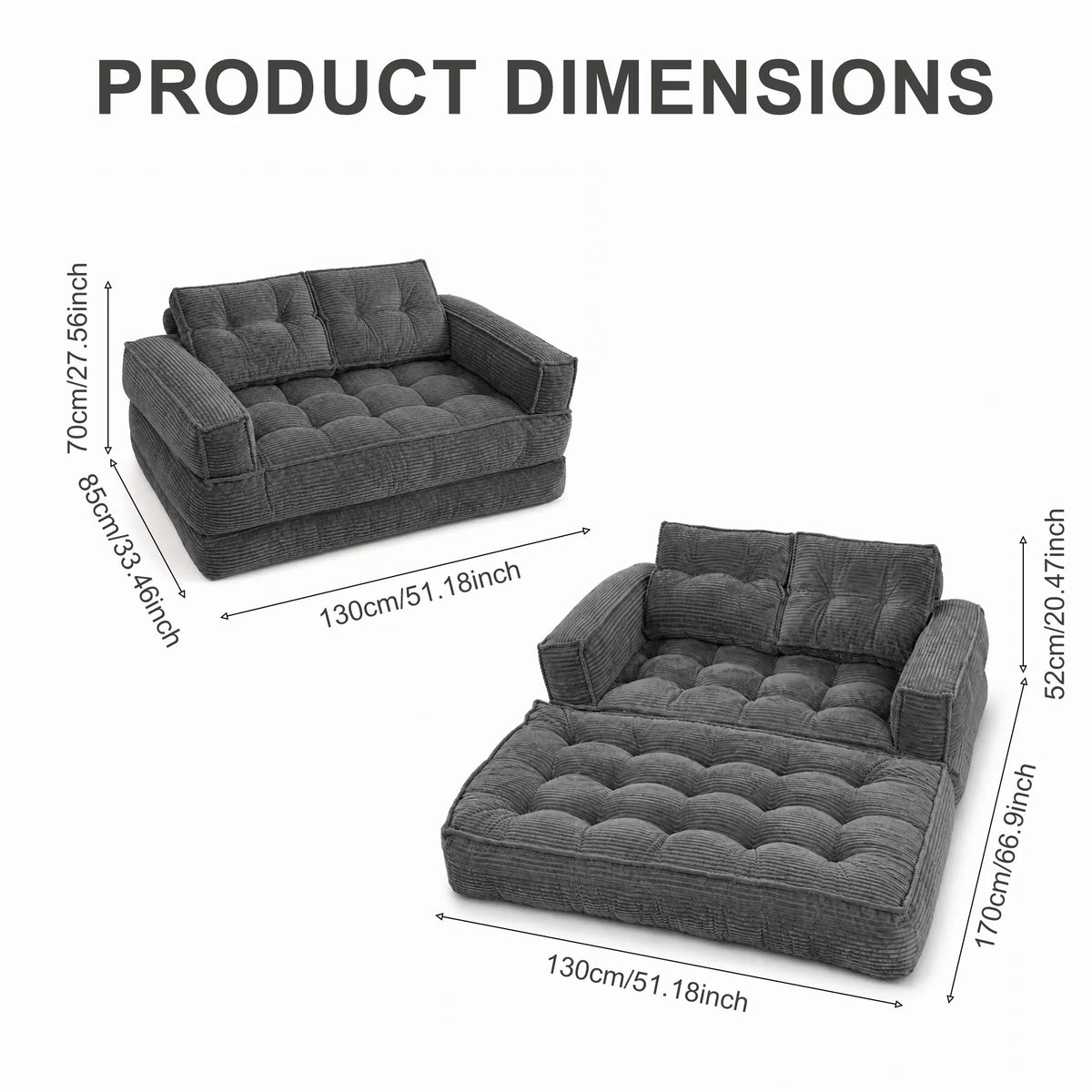 51" 2-Seater Modular Corduroy Sofa with Chaise