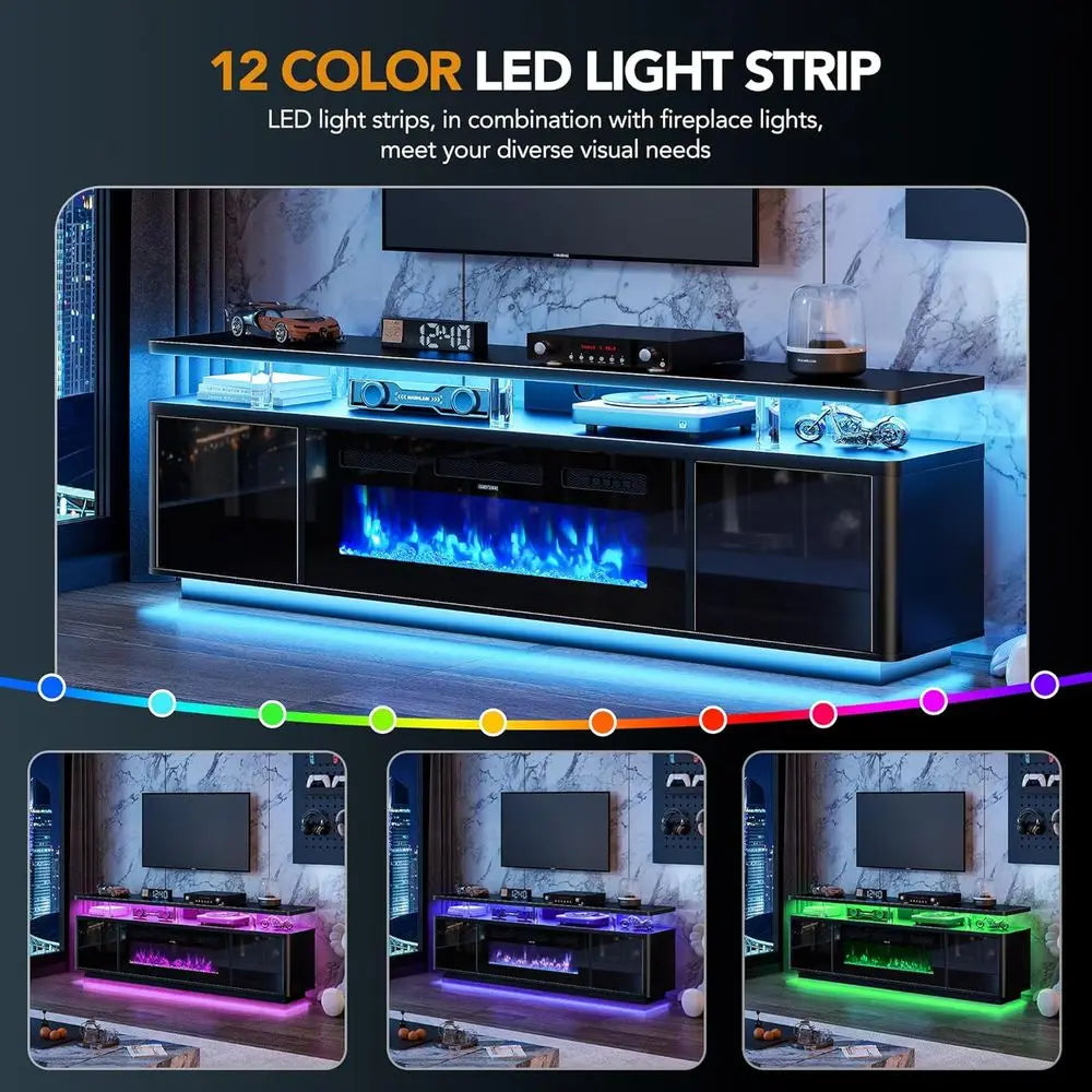 70 White TV Stand for Living Room, Electric Fireplace Entertainment Center with Dual LED Lights and Storage Cabinet, Supports TV