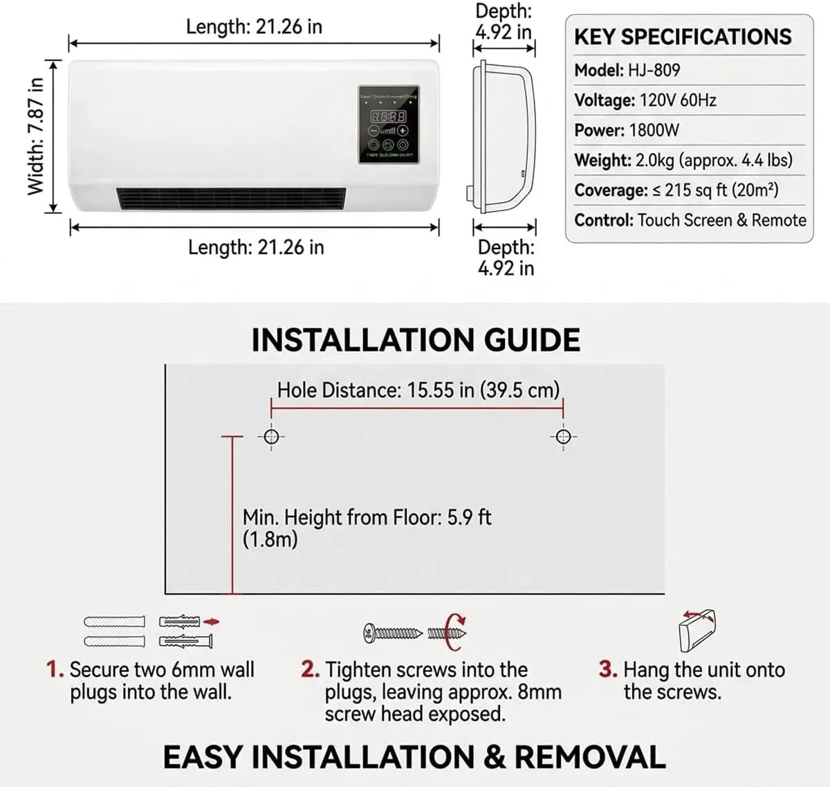 Wall Mounted Air Conditioner Fan, 2-in-1 Heater and Cooling Combo
