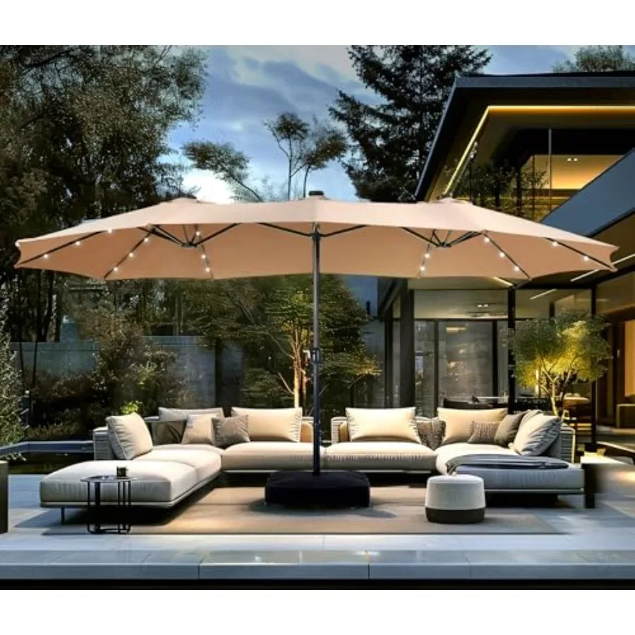 Large Patio Umbrella with Base and Solar Lights