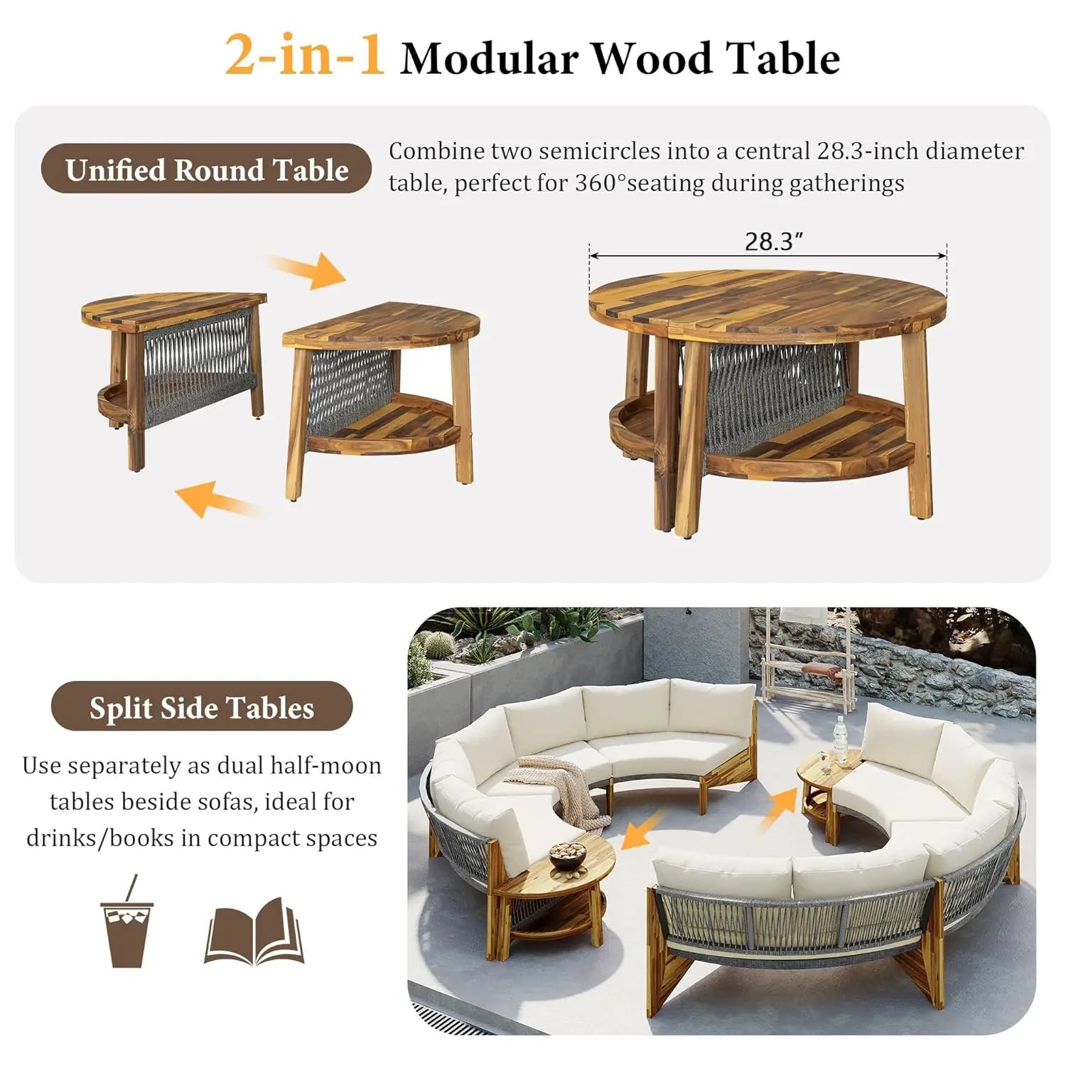 Acacia Wood Half-Moon Outdoor Sofa Set