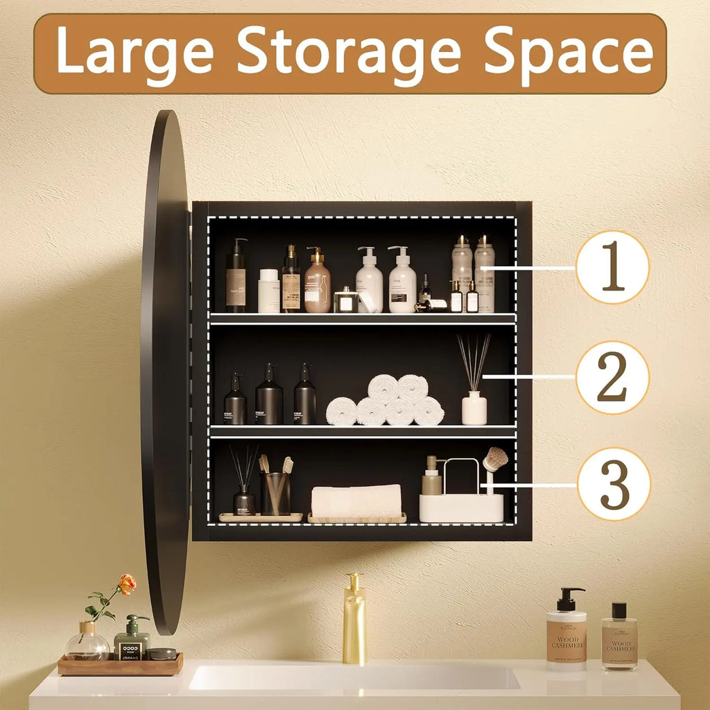 Black 52*12.5cm Round Bathroom Mirror Cabinet