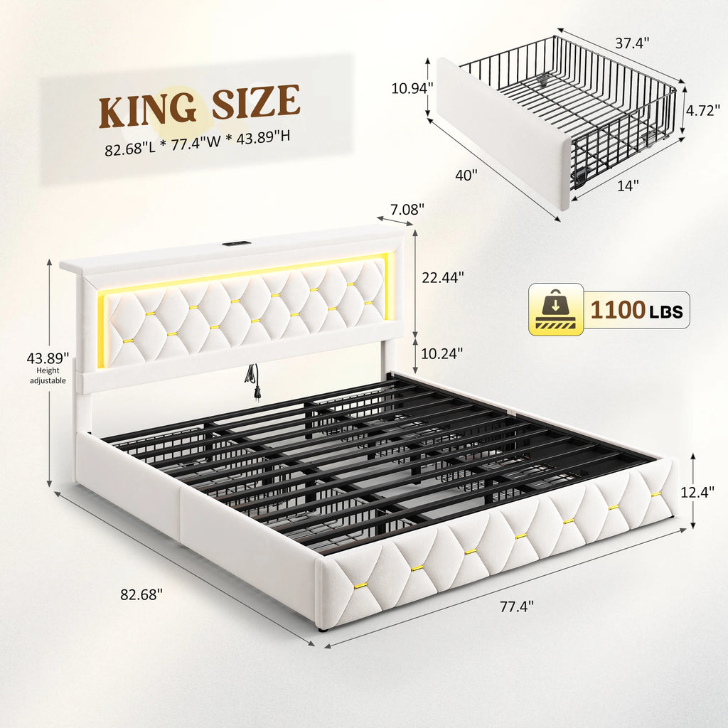 LED Bed Frame with 4 Storage Drawers Platform Bed
