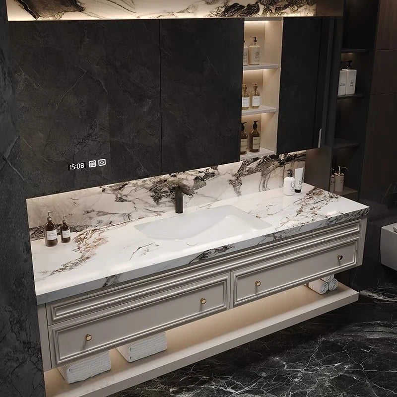 French-Style Seamless Integrated Double Basin Oak Bathroom Vanity