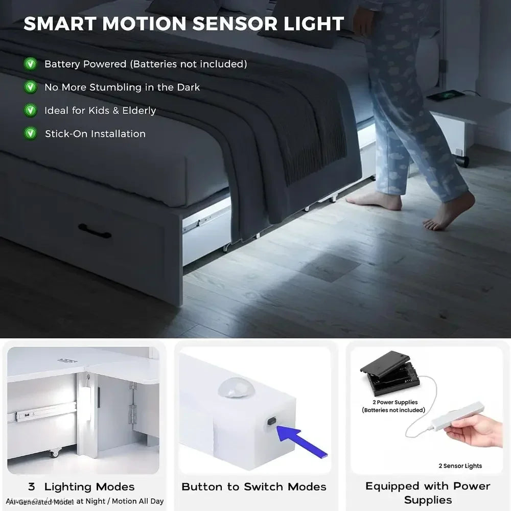 Queen Size Storage & Charging Station Murphy Bed with Motion Sensor Lights, White