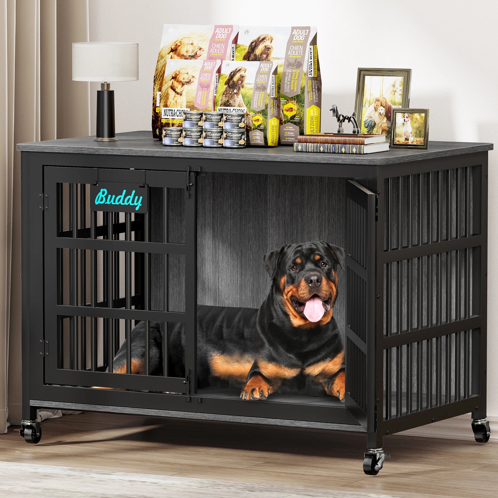 Dog Crate Furniture with Casters, Heavy Duty Dog Kennel