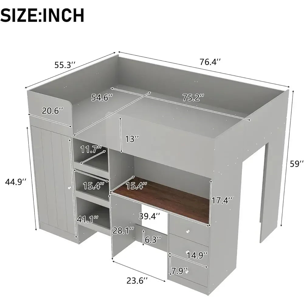 Full-Size Multi-Function Loft Bed with Integrated Wardrobe, Desk, and Storage for Kids