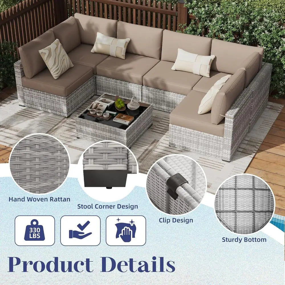 7-Piece Patio Furniture Set, All-Weather PE Rattan Outdoor Sectional Soa, ular Wicker Contion Set with Thick Cushions & Easy-Clea