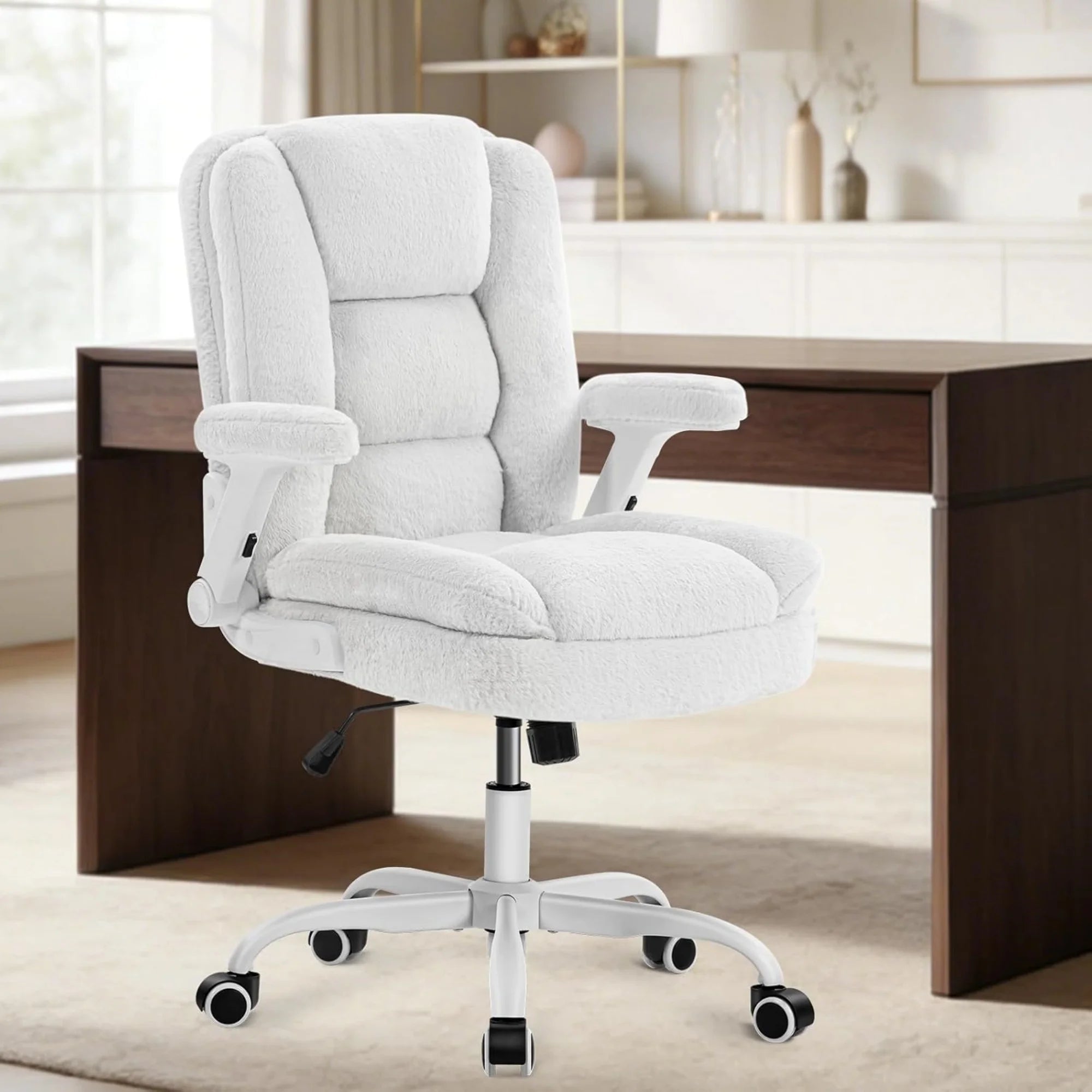 White Plush Office Chair Ergonomic Desk Chair with Lumbar Support, Flip-Up Arms, Adjustable Swivel Computer Chair with Wheels, Soft Fleece Cute Office Chair for Home Bedroom Vanity
