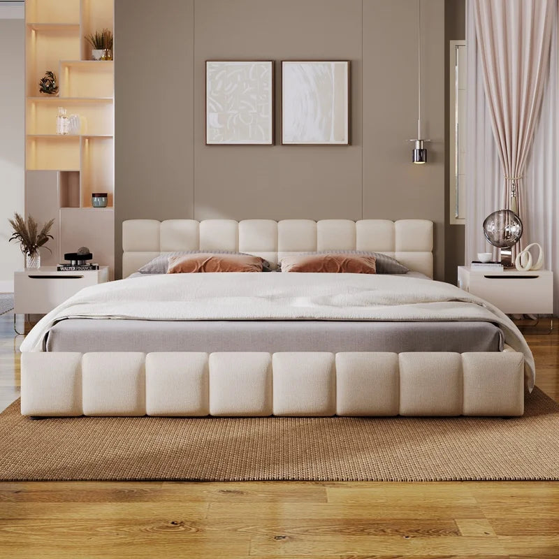 Elegant Beige Chenille King Bed with Checkerboard Pattern