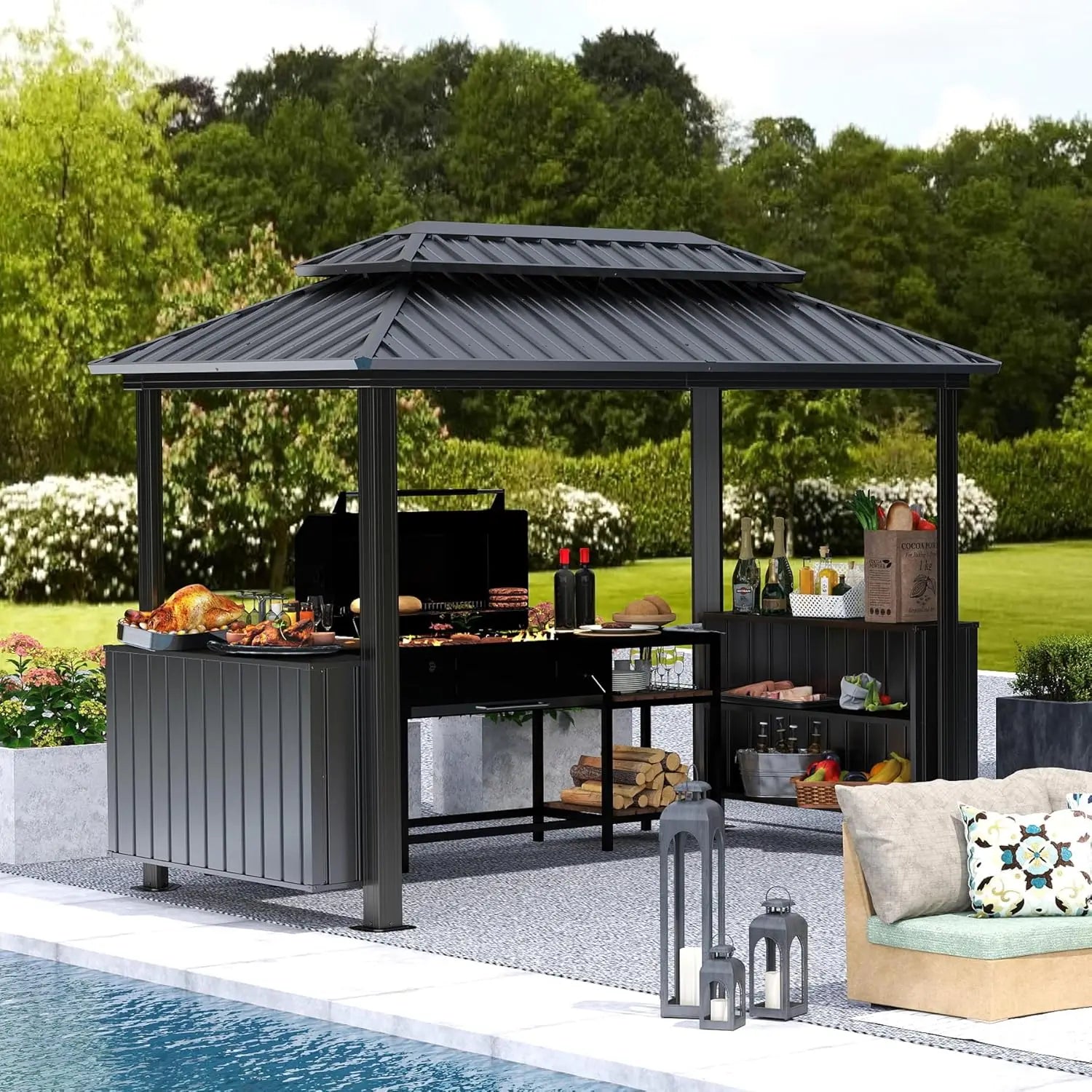 6x10 Hardtop Grill Gazebo Double Galvanized Steel Roof