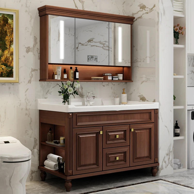 Solid Oak Bathroom Vanity with Ceramic Integrated Modern Smart Mirror