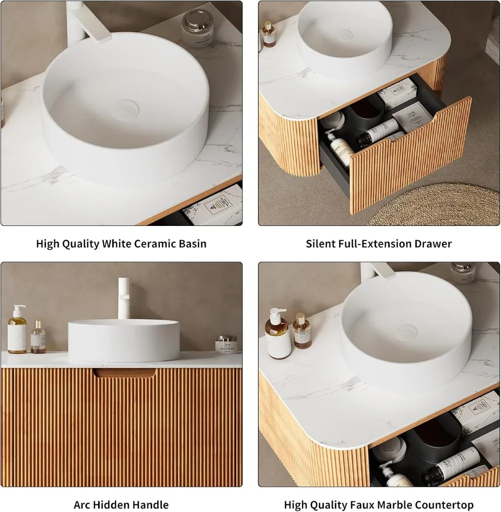 24" Floating Bathroom Vanity, Solid Wood, White Ceramic Sink