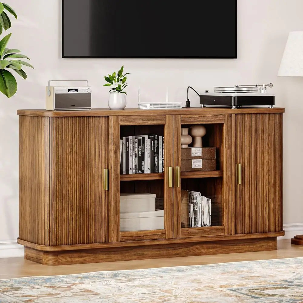 Walnut 63 Sideboard Buffet Cabinet with Sliding Doors, Adjustable Shelves for Kitchen, Dining, or Hallway