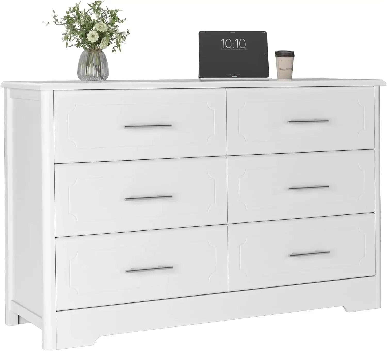 Furniture 6 Drawer Dresser, Modern White Wide Chest of Drawers with Metal Handels