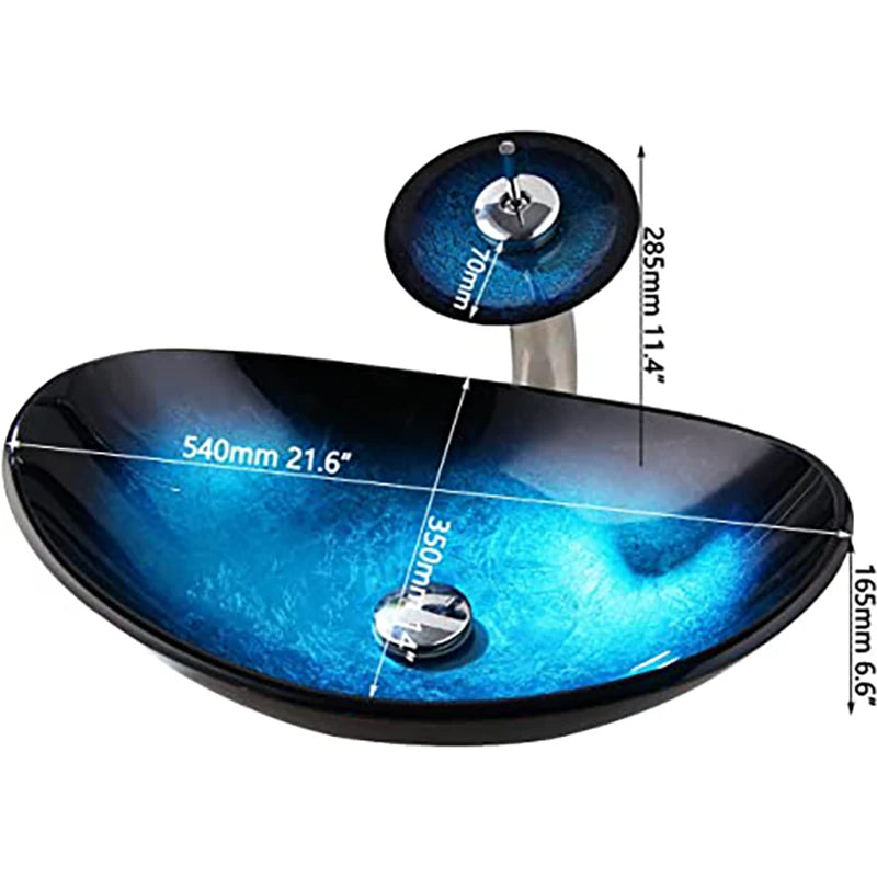 Oval Blue Bathroom Vessel Sinks With Faucet