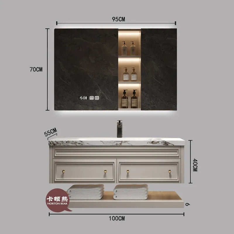 French-Style Seamless Integrated Double Basin Oak Bathroom Vanity