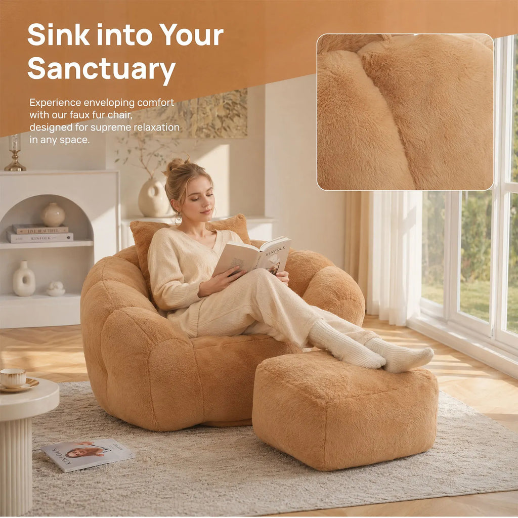 Bean Bag Chair with Ottoman, Comfy Bean Bag Chairs with Memory Foam Filled, Fluffy Beanbag Sofa with Dutch Velvet Cover, Teardrop BeanBag Chairs for Living Room, Playroom