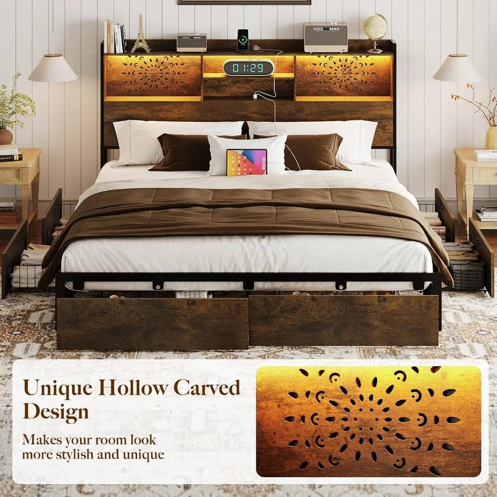 King Bed Frame with 6 Storage Drawers and Carving Headboard,