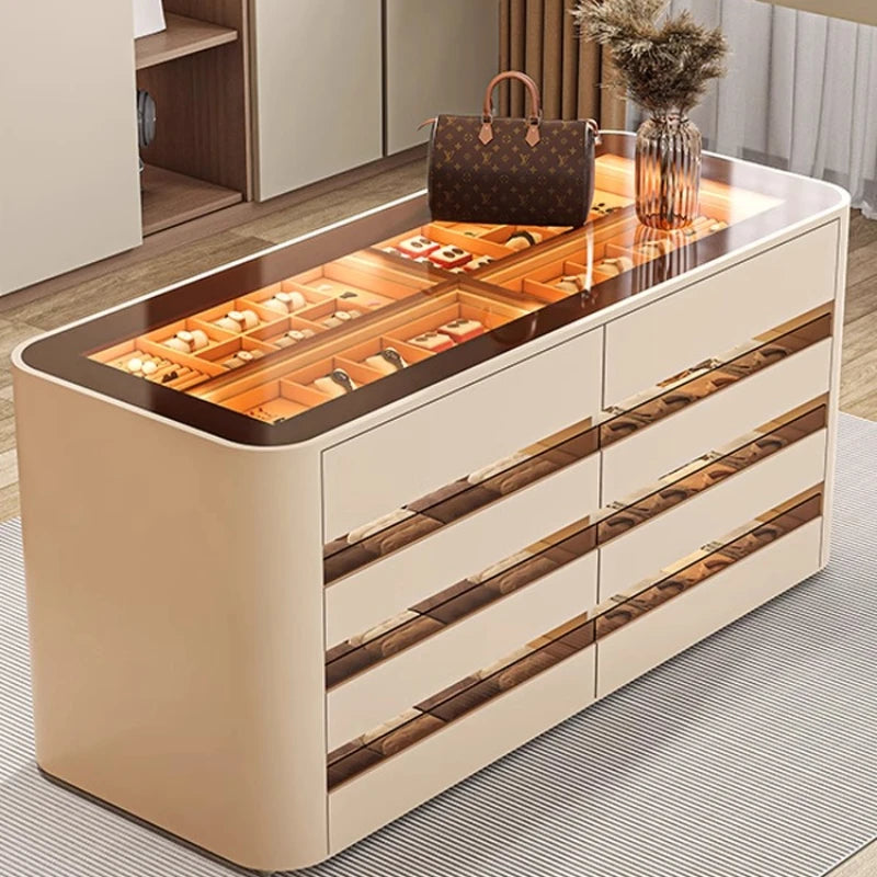 Wooden wardrobe island chest drawers jewelry storage with LED
