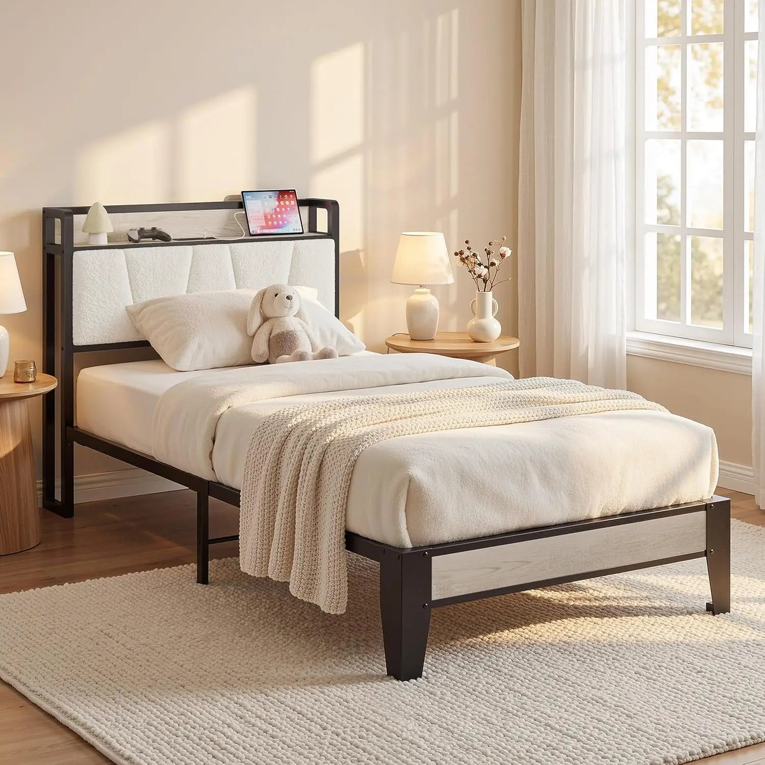 Twin XL Bed Frame with Bouclé Storage Headboard and Charging Station,