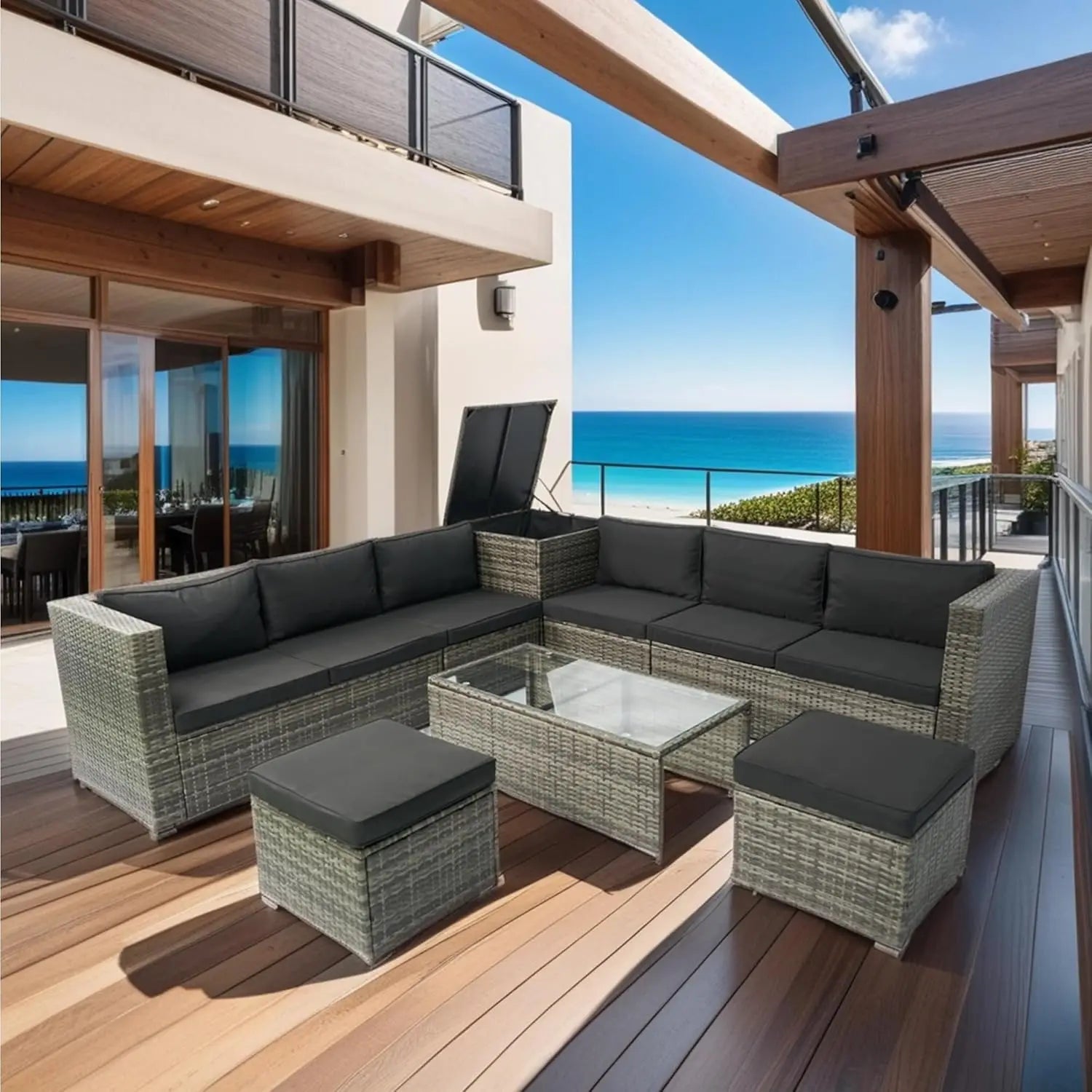 Acacia Wood Half-Moon Outdoor Sofa Set