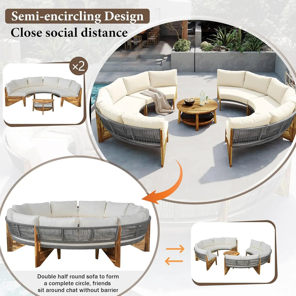 Acacia Wood Half-Moon Outdoor Sofa Set