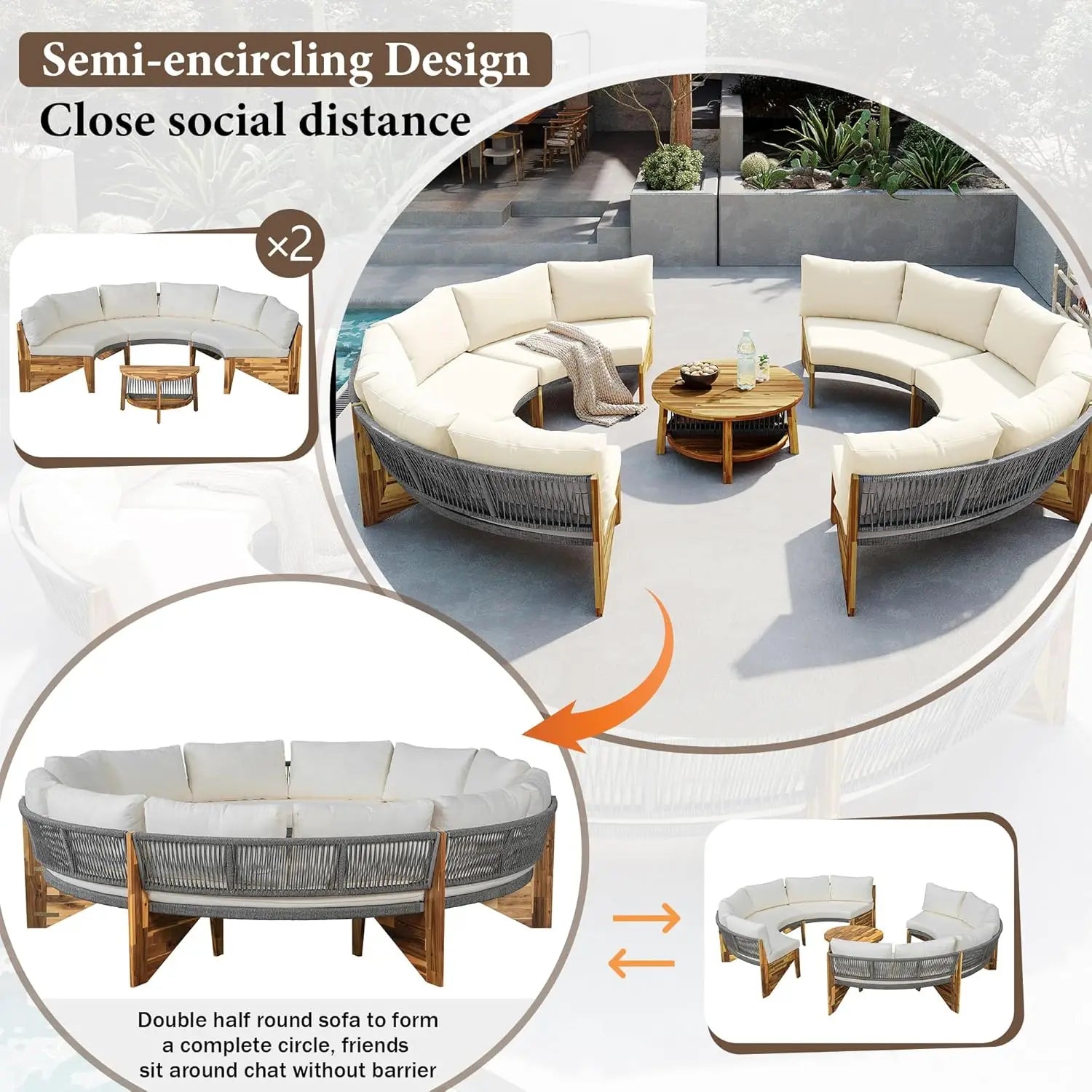 Acacia Wood Half-Moon Outdoor Sofa Set
