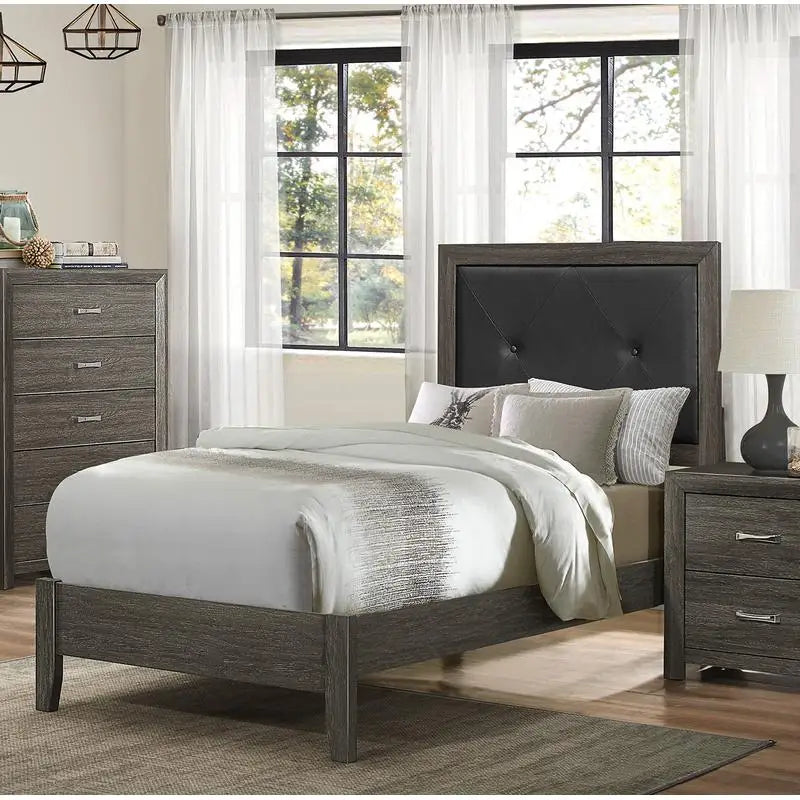 Contemporary Twin Bed with Button-Tufted Dark Gray Faux Leather