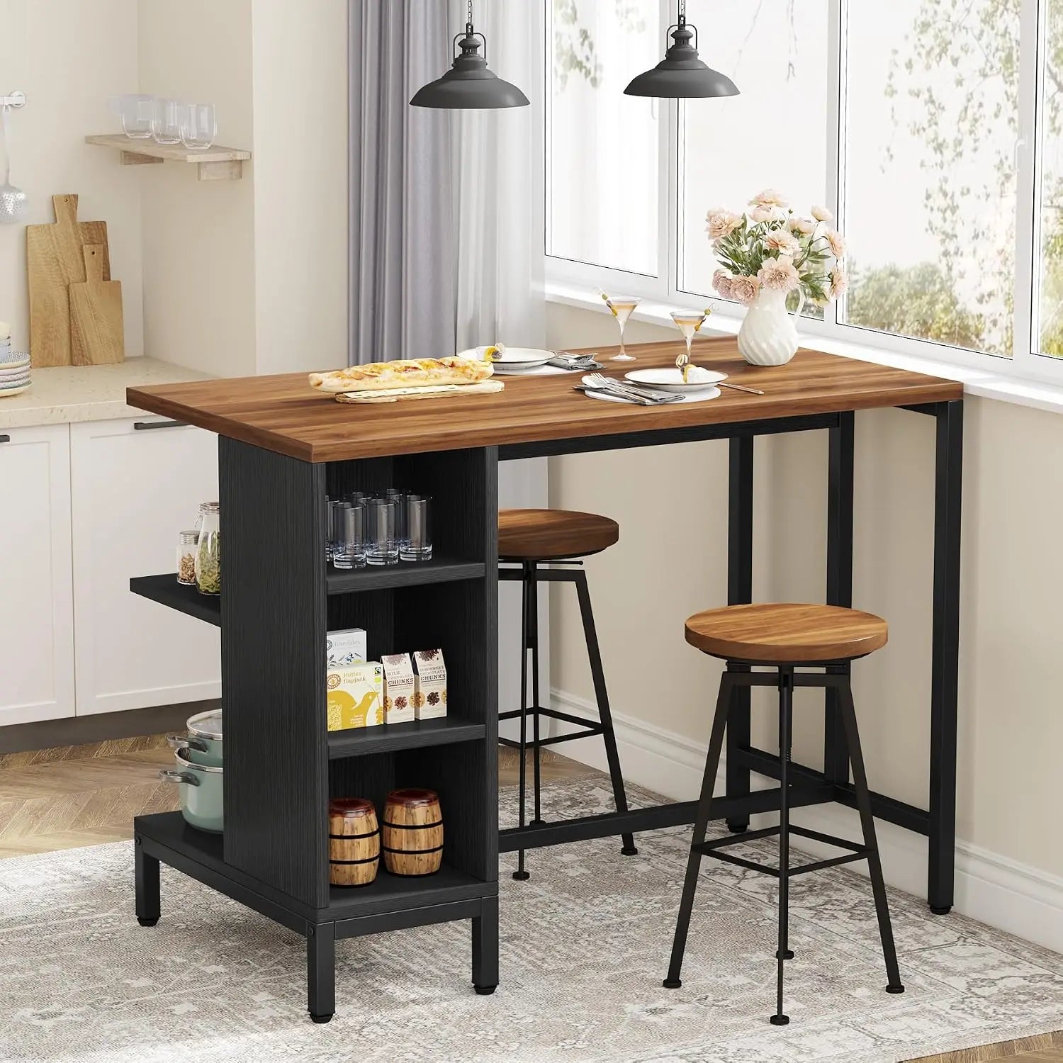 Kitchen Island Bar Table With Five Open Storage Shelves
