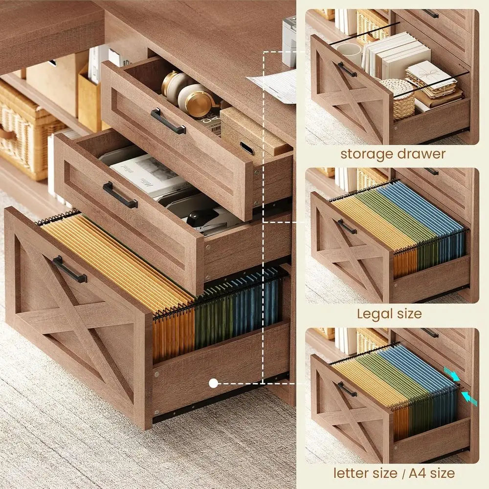 L-Shaped  Storage Desk with LED Light, Power Outlet, and Display Cabinet